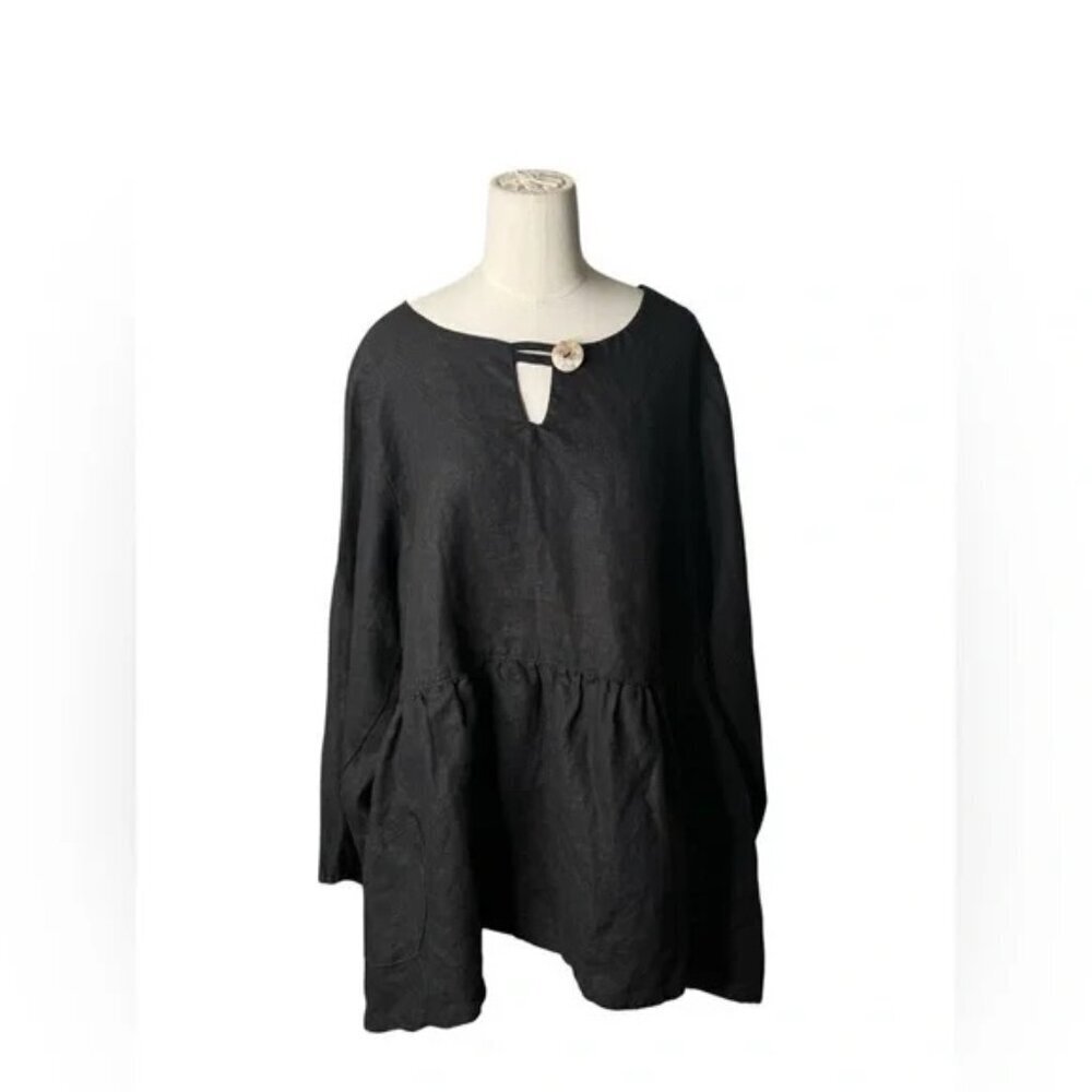 HEART DESIRE Robin 100% Linen Black Long Sleeve Blouse in XL - Picture 5 of 9